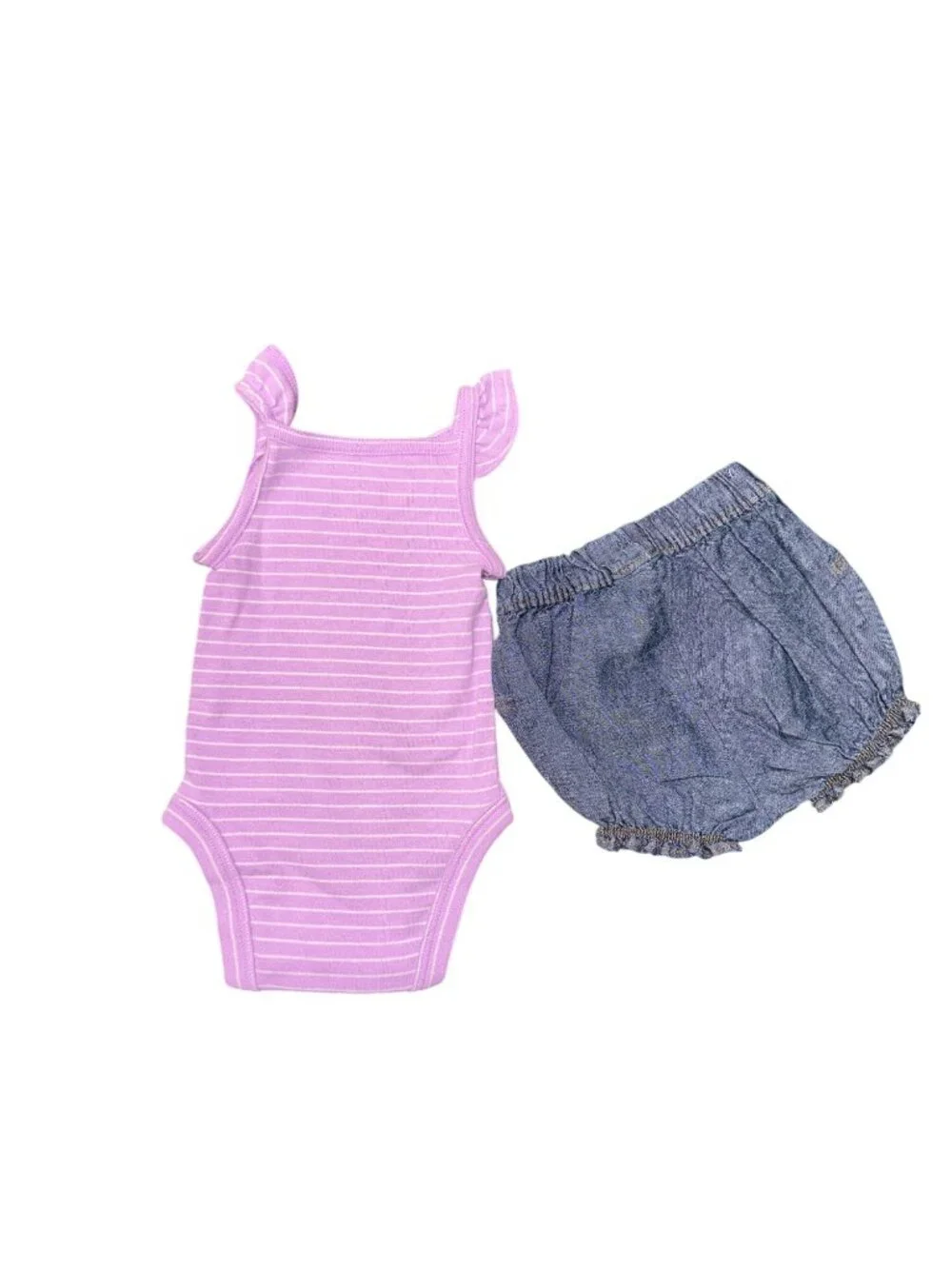 Baby Girls Purple Striped Bodysuit & Gray Shorts Set Ice Cream Embroidery 100% C